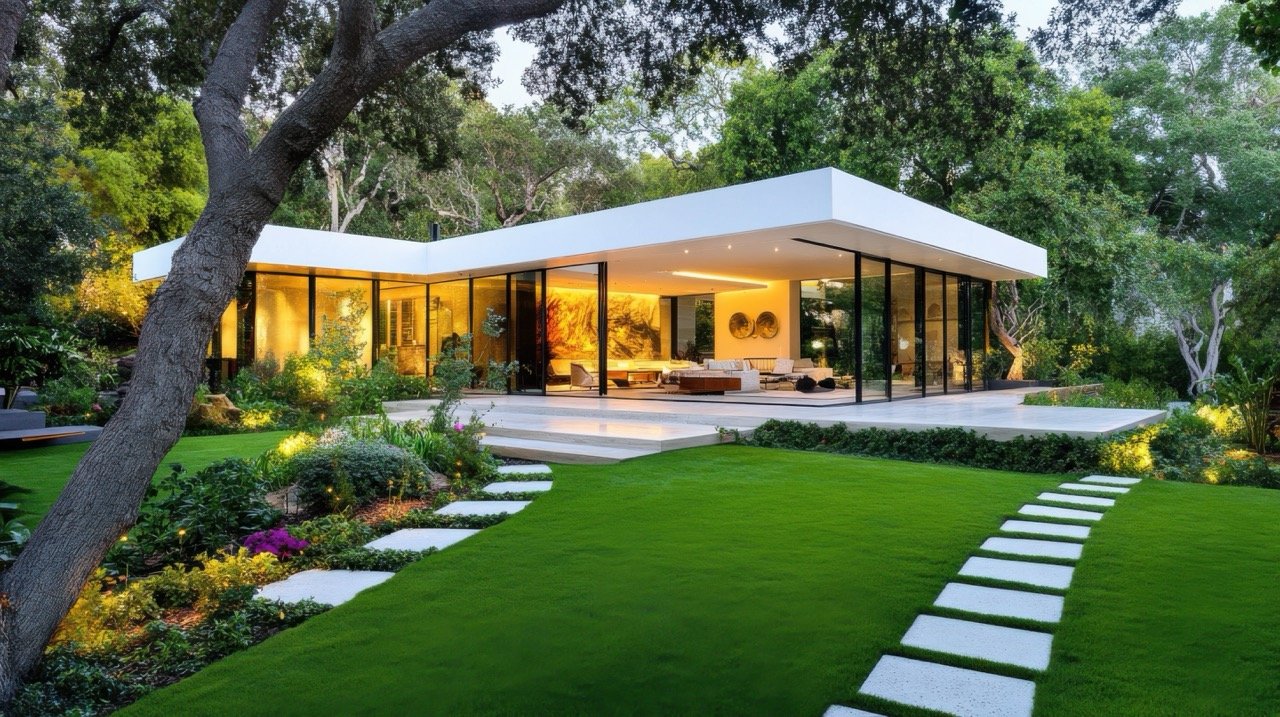 A modern house with a beautiful garden path and landscape lighting The house is made of white concrete and glass and it has a spacious patio overlooking the lush green lawn The garden path is made of stepping stones and it leads to the house from a nearby driveway The house is bathed in warm light which makes the scene even more inviting This image is perfect for websites magazines and social media posts about home design architecture and outdoor living