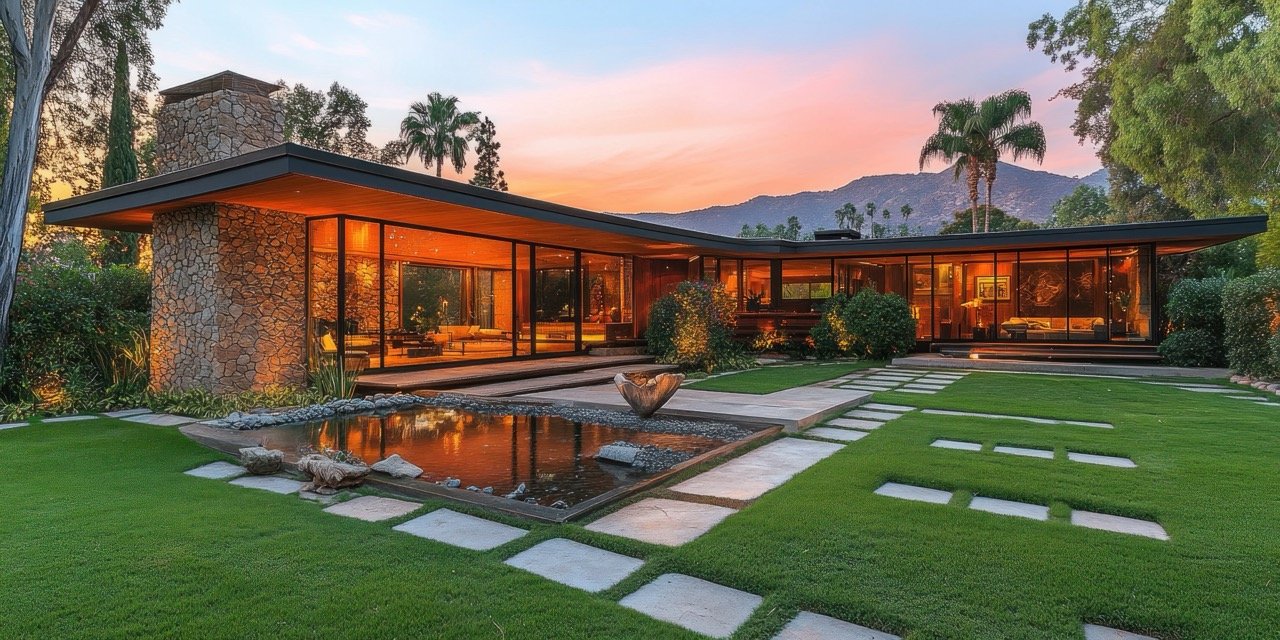 Modern house with stone facade and pond in a lush garden.