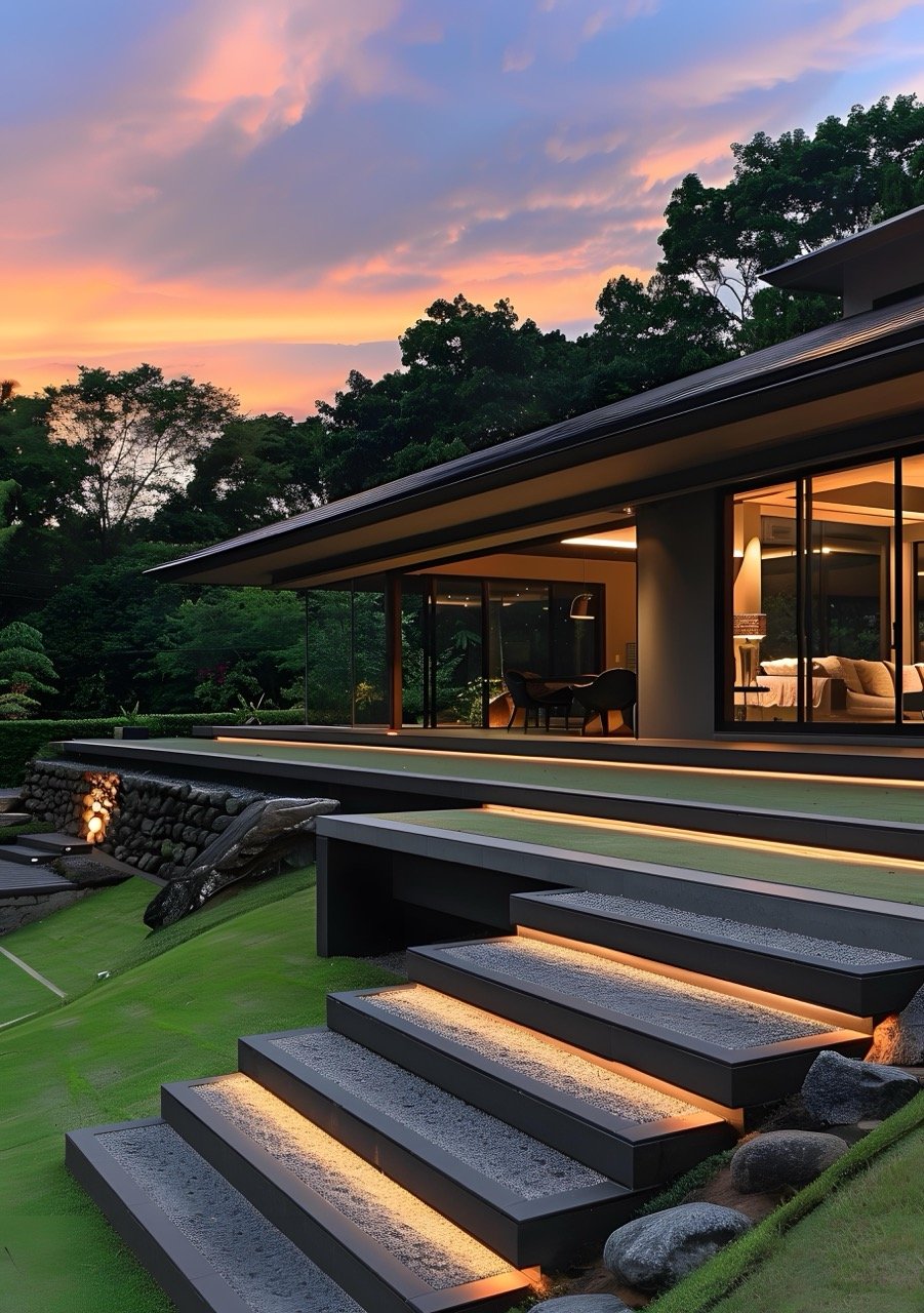 Modern House with Stone Steps and Sunset Sky